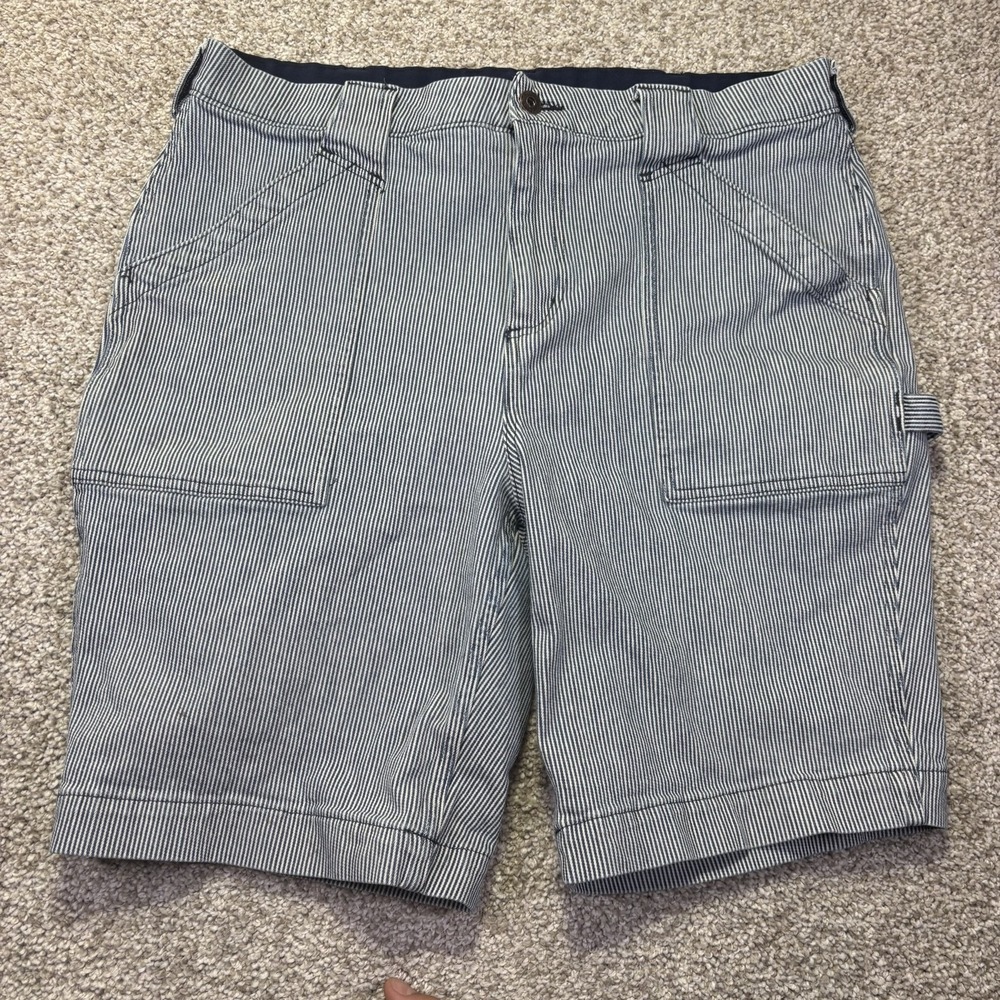 Duluth Trading Co Shorts Womens 14 Blue Striped Denim Utility Cargo Workwear